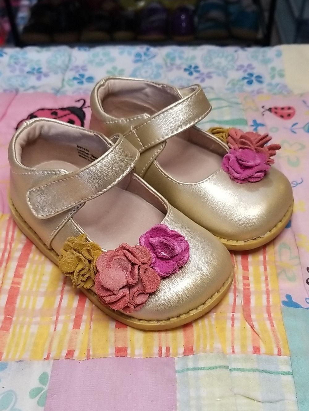 Livie & Luca Metallic Gold Leather Mary Janes w/Pink & Mustard Suede Flowers 6